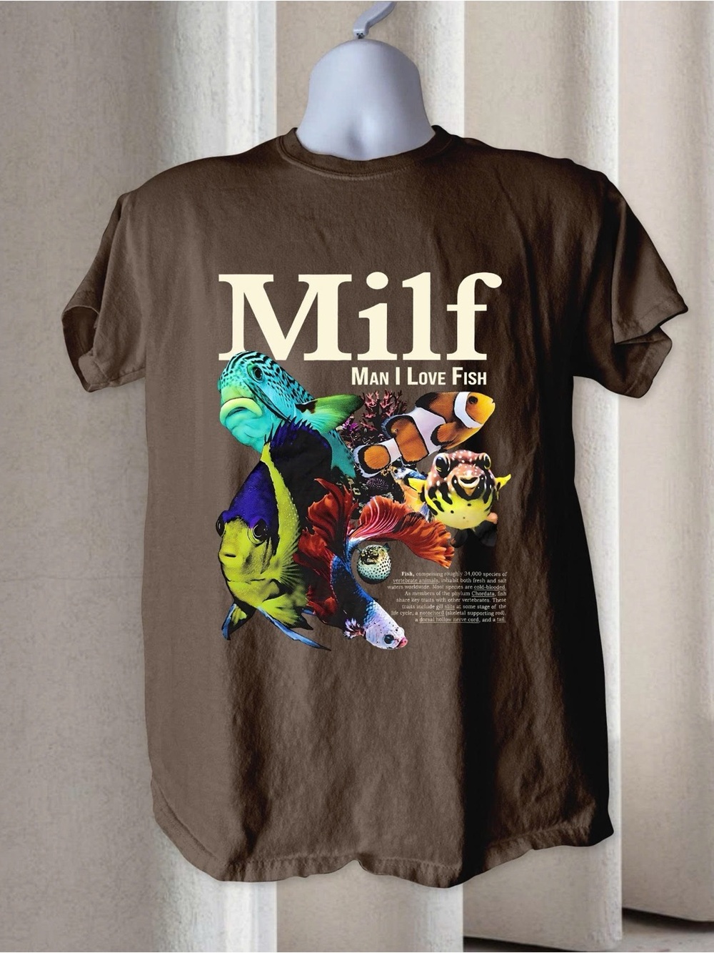 Gildan Brown Tee with Multicolor Fish Graphic